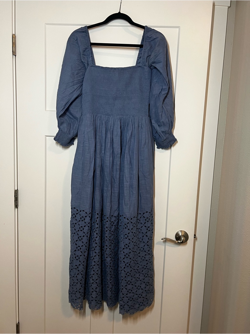 Free People Dusty Blue Square-Neck Maxi Dress with Eyelet Skirt
